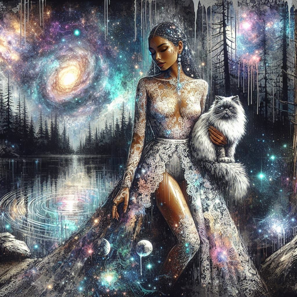 Ethereal Latina Goddess with Celestial Cat in Cosmic Landsca...