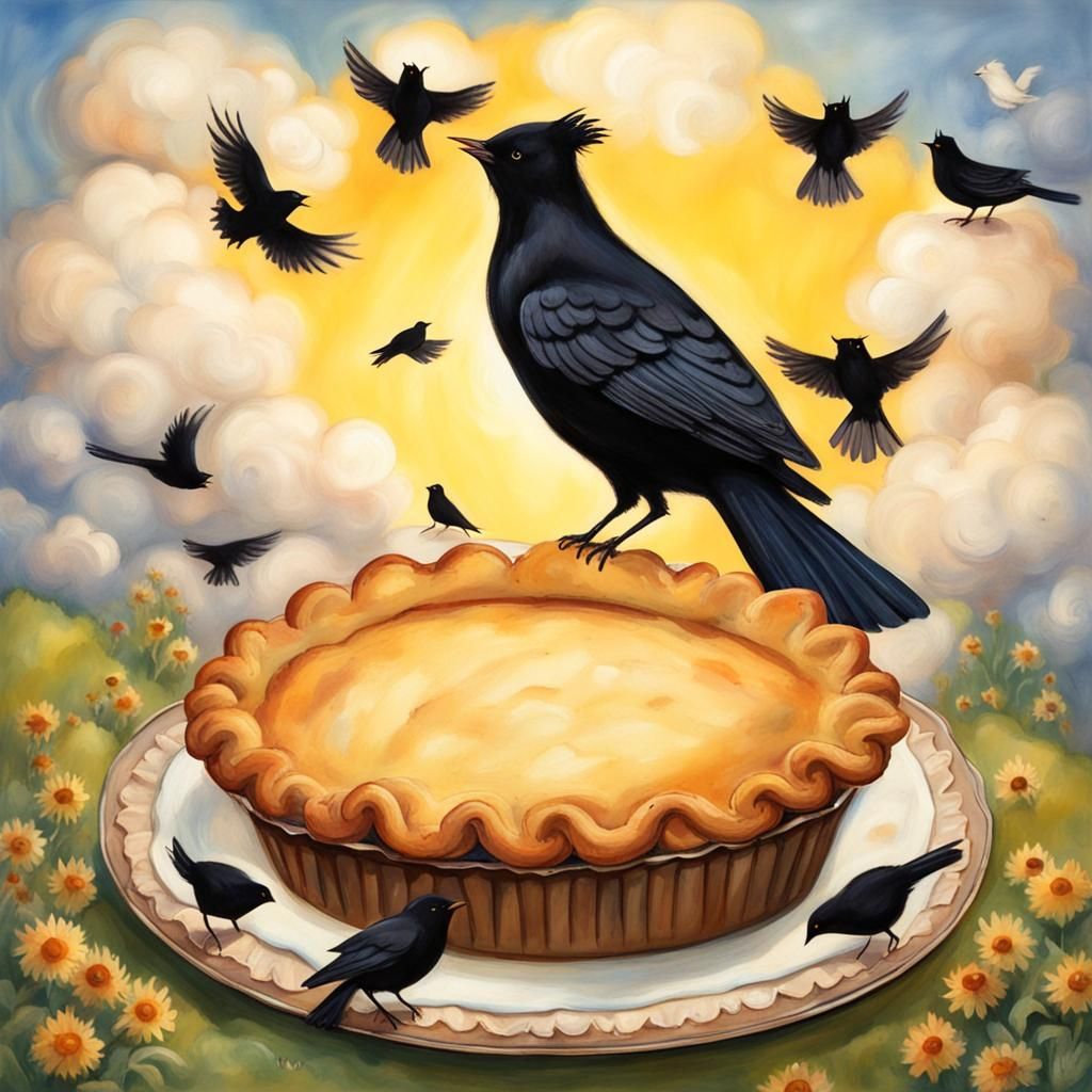 Blackbirds Escape from a Pie in Fairytale Scene