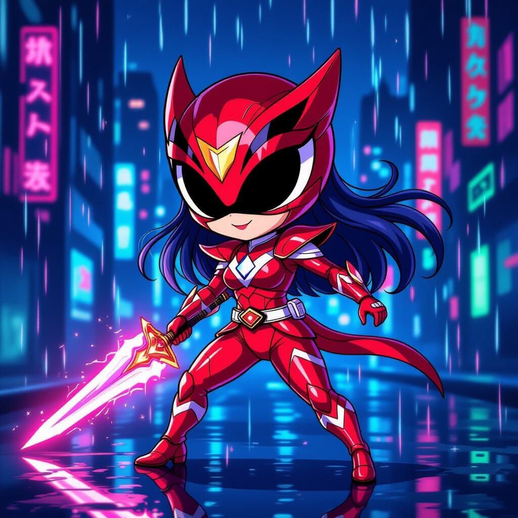 Chibi Mothman Ranger in Cyberpunk City