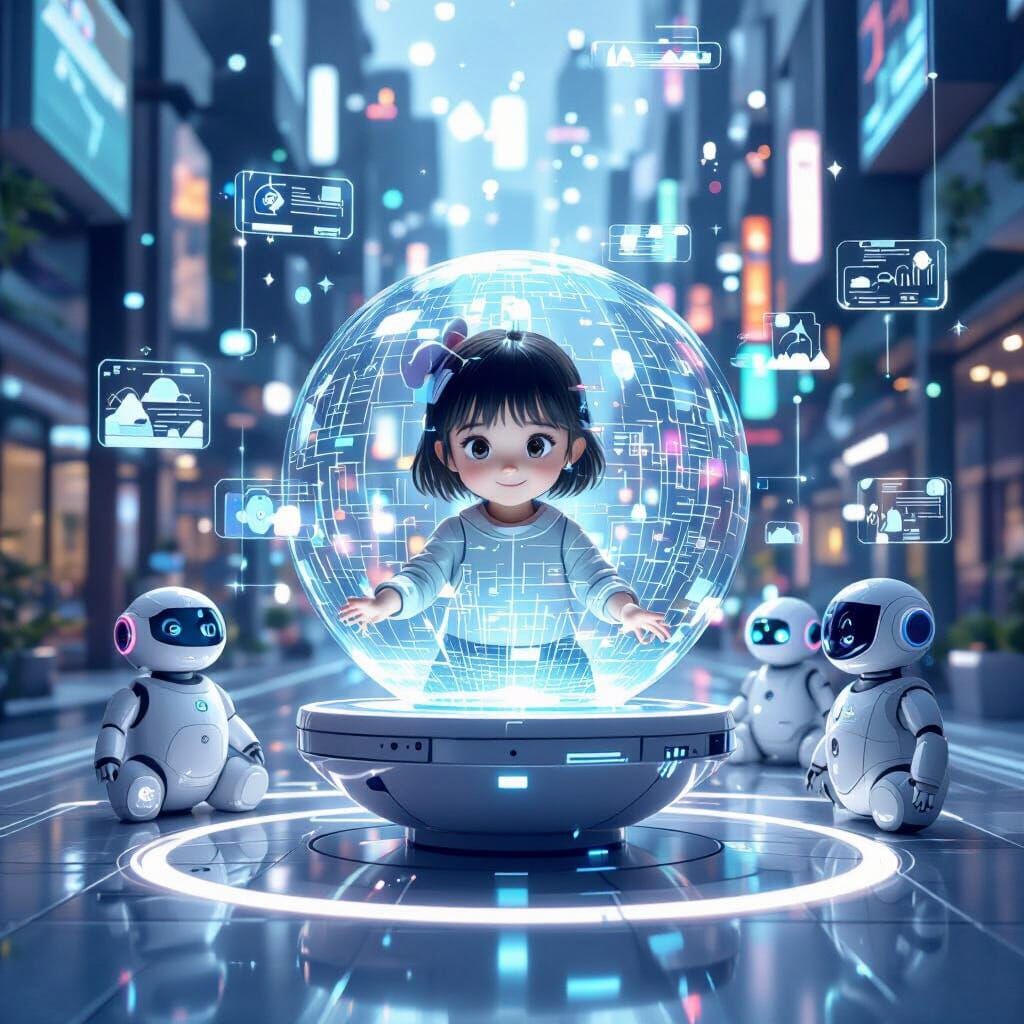 Hyperconnected Child Interacts with Hologram in Futuristic C...