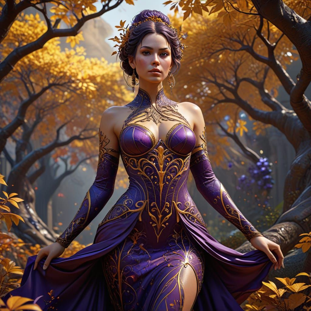 Woman in Tree-Shaped Dress, Dark Fantasy Art
