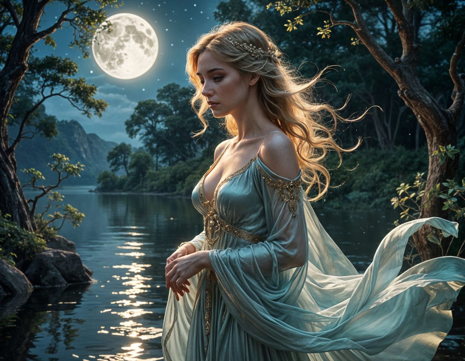 Ethereal Queen by Moonlit Lake: Fine-Art Portrait