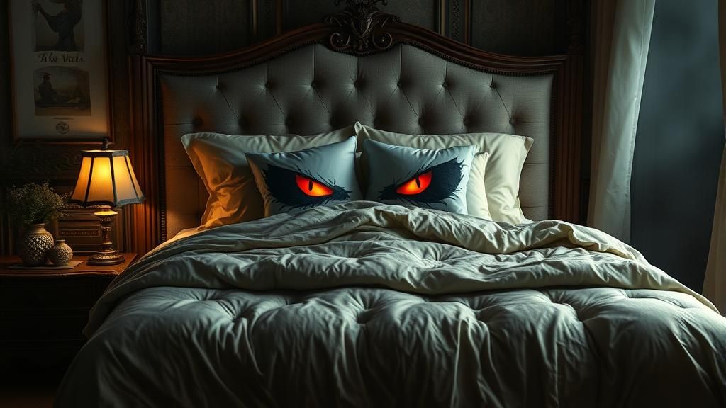 Evil Plush Bed in Dimly Lit Bedroom