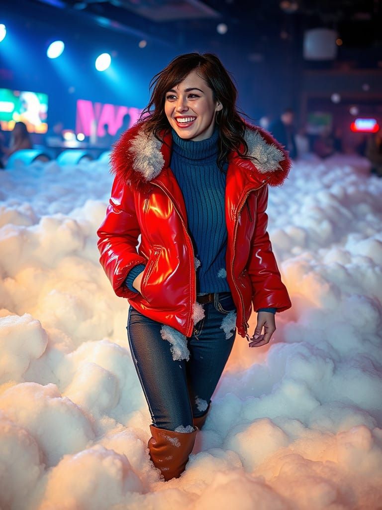 Vibrant Night Club Scene with Foamy Woman