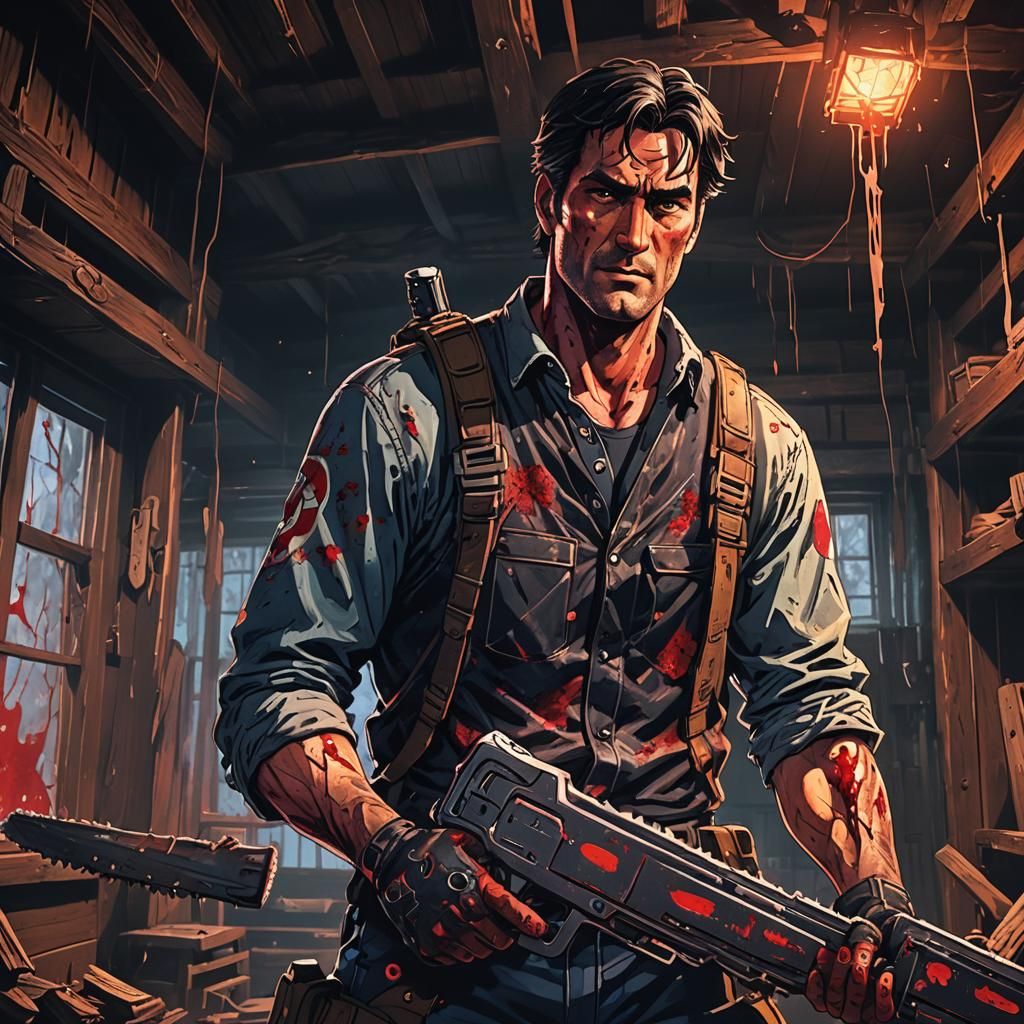 Ash Williams Portrait with Chainsaw in Anime Style