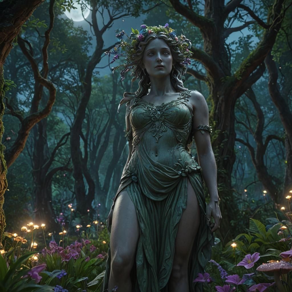 Mystical Persephone Statue in Lush Fantasy Garden