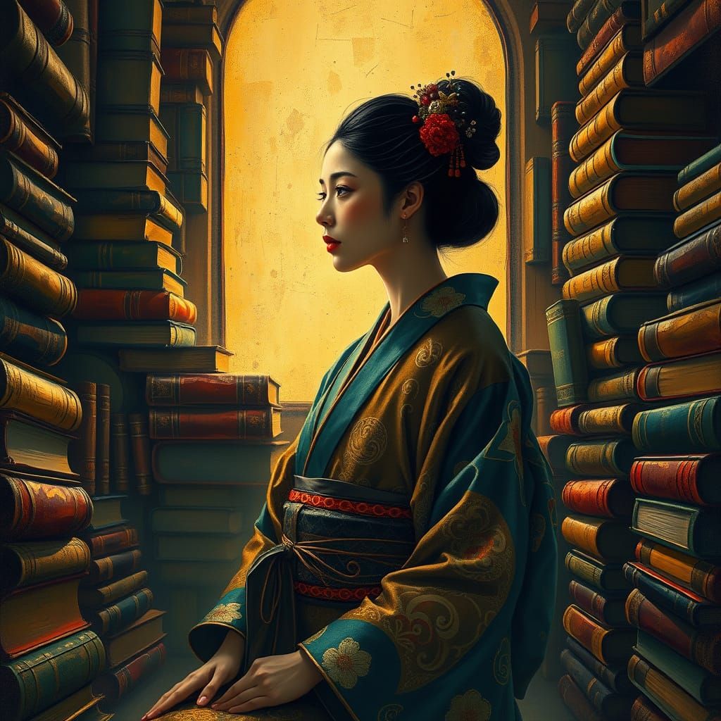 Abstract Japanese woman in the private library, Bibliophile, Impasto Painting, Cubism, Multimedia Gustav Klimt