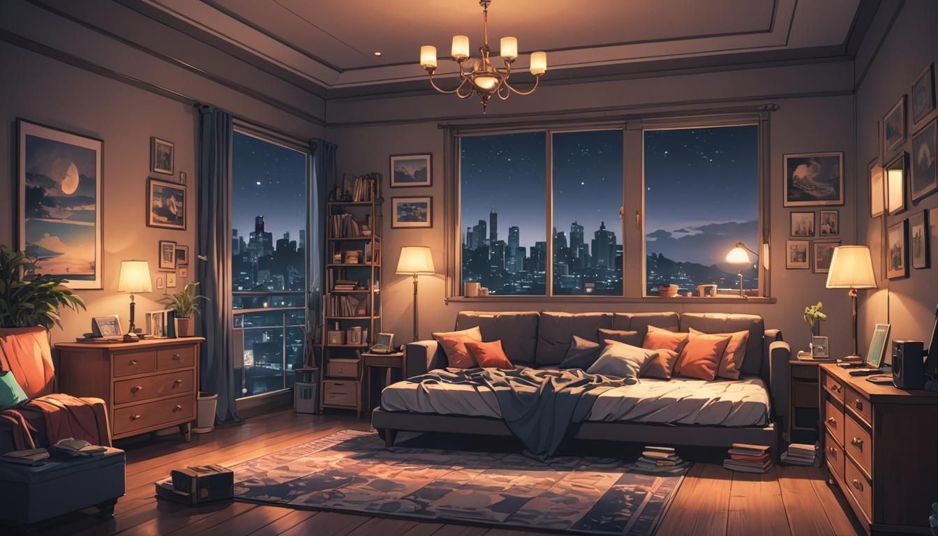 Anime Bedroom Interior at Night with Couch