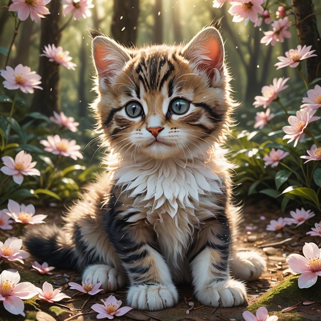 Adorable Kitten in Sakura Petal Shower: Digital Art