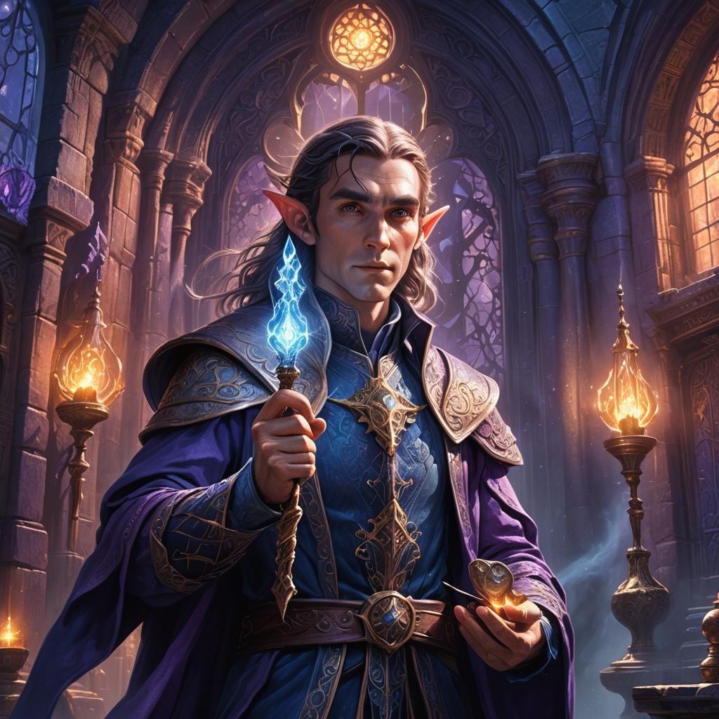 Elf Artificer in Mystical Chamber, High-Fantasy Concept Art