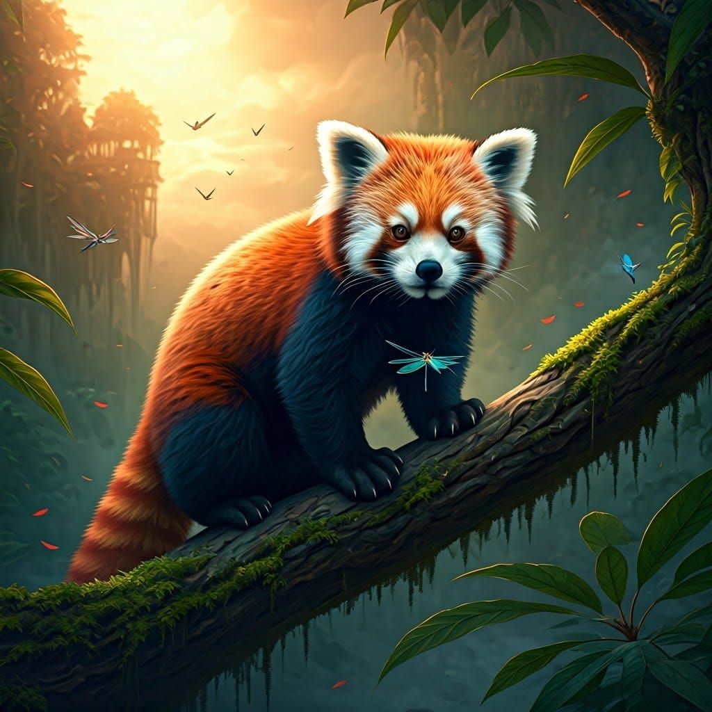 Red Panda in Fantasy Landscape, Matte Painting Style