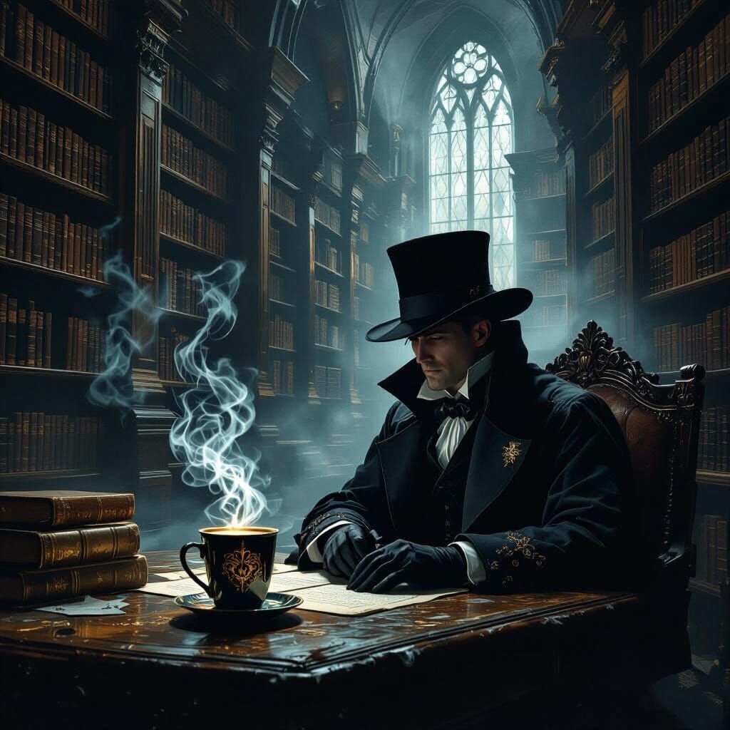 Solitary Traveler in Ancient Library, Gothic Fantasy Style