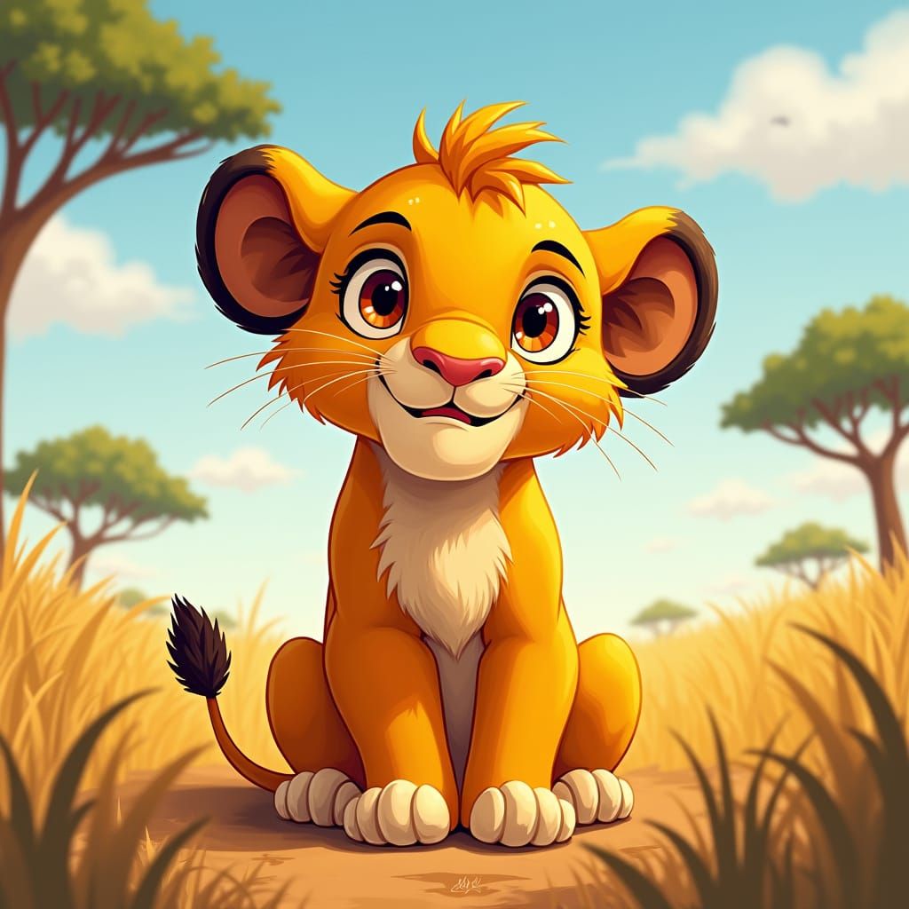 Playful Lion Cub in Japanese Art Style