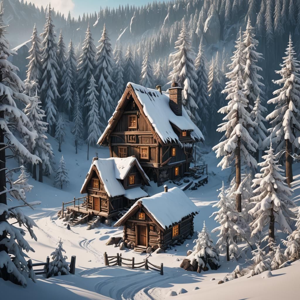 Winter Lumberjack Hut: Detailed Matte Painting