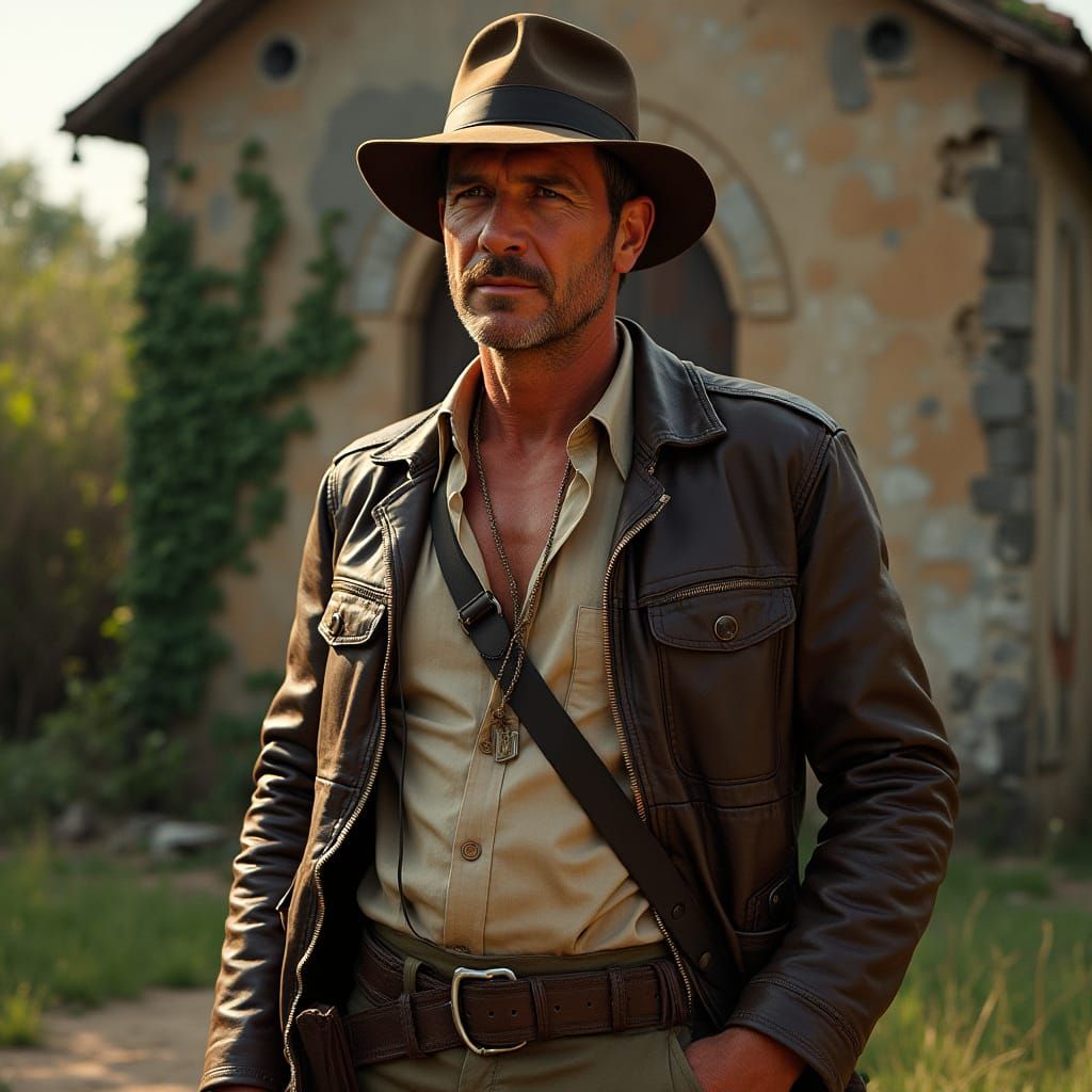 Indiana Jones in Hyper-Realistic Style Near Chapel