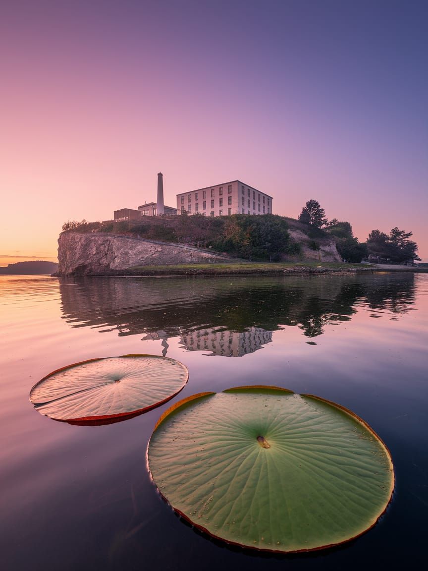 Alcatraz Island with Lily Pads in Cosmic Autumn Light