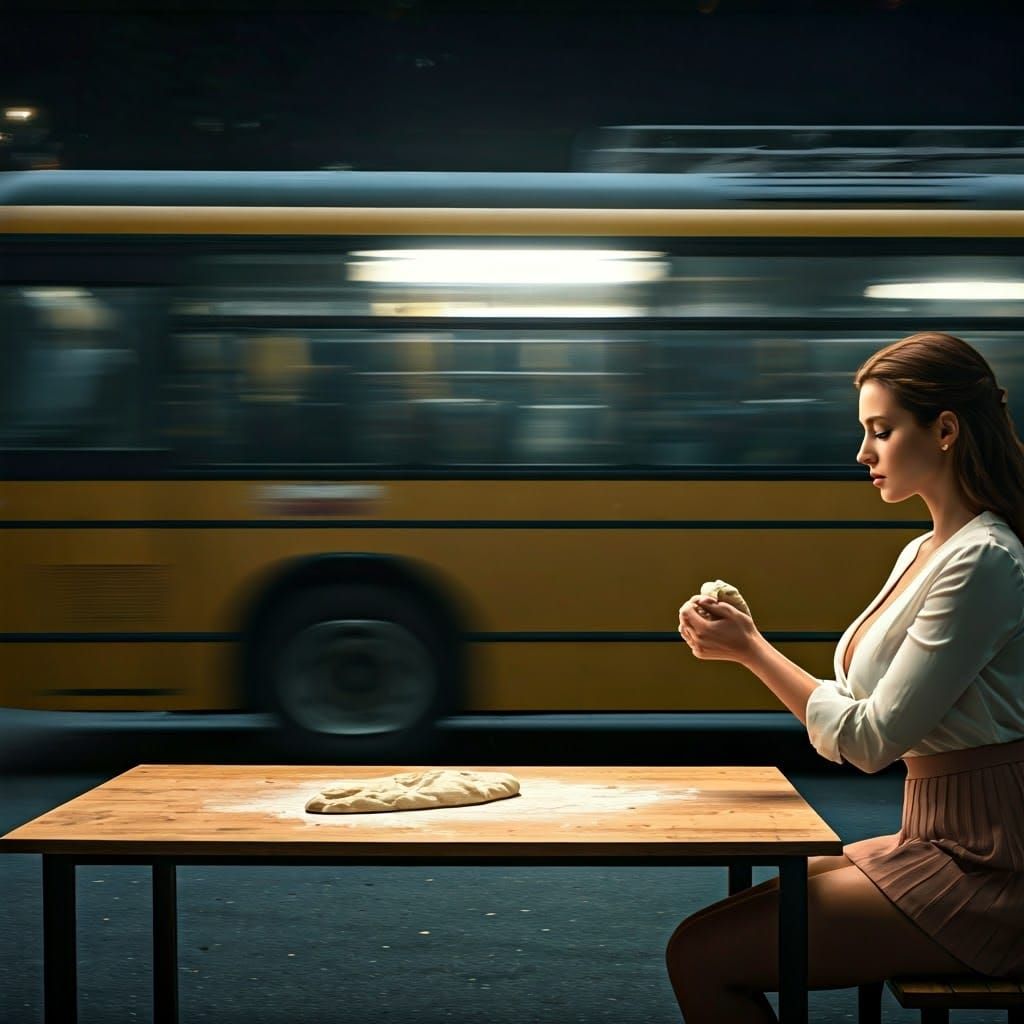 Surreal City Woman Kneads Dough at Bus Stop in Photorealisti...