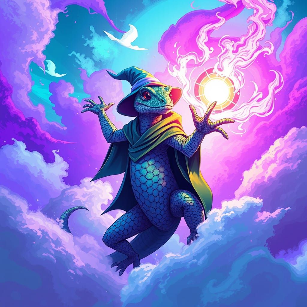 Majestic Lizard Wizard Amidst Vibrant, Swirling Clouds