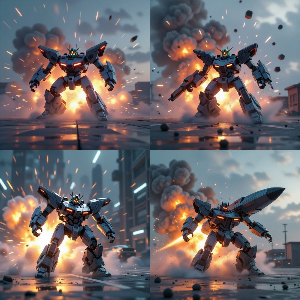 Mecha Transforms into Ship Amidst Explosive Motion
