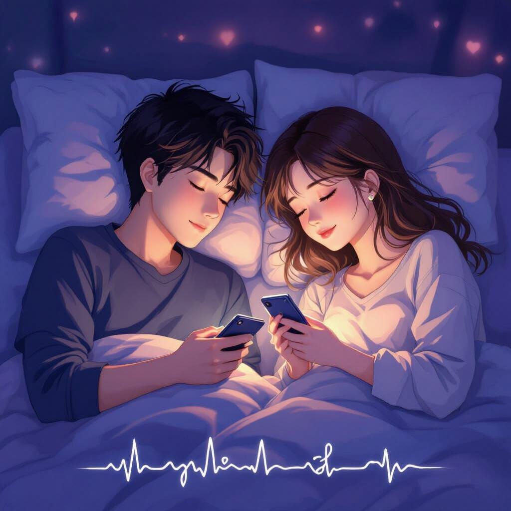 Peaceful Digital Illustration of Sleeping Couple with Smartp...