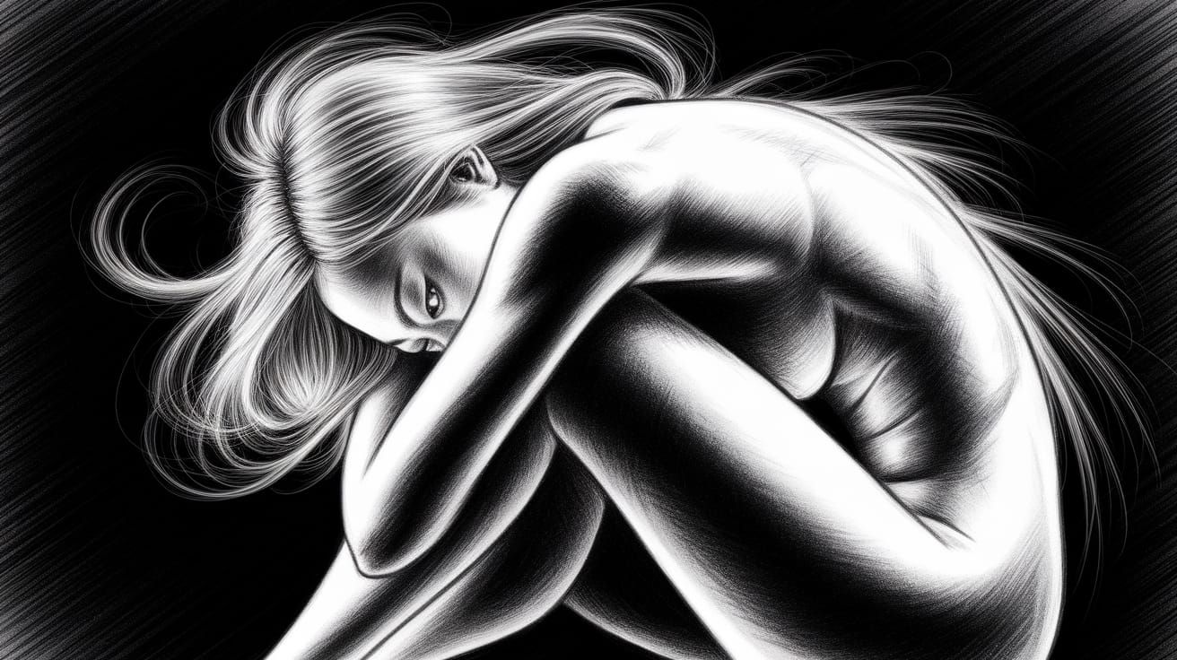 Mystical Black and White Line Drawing of Woman in Shadow