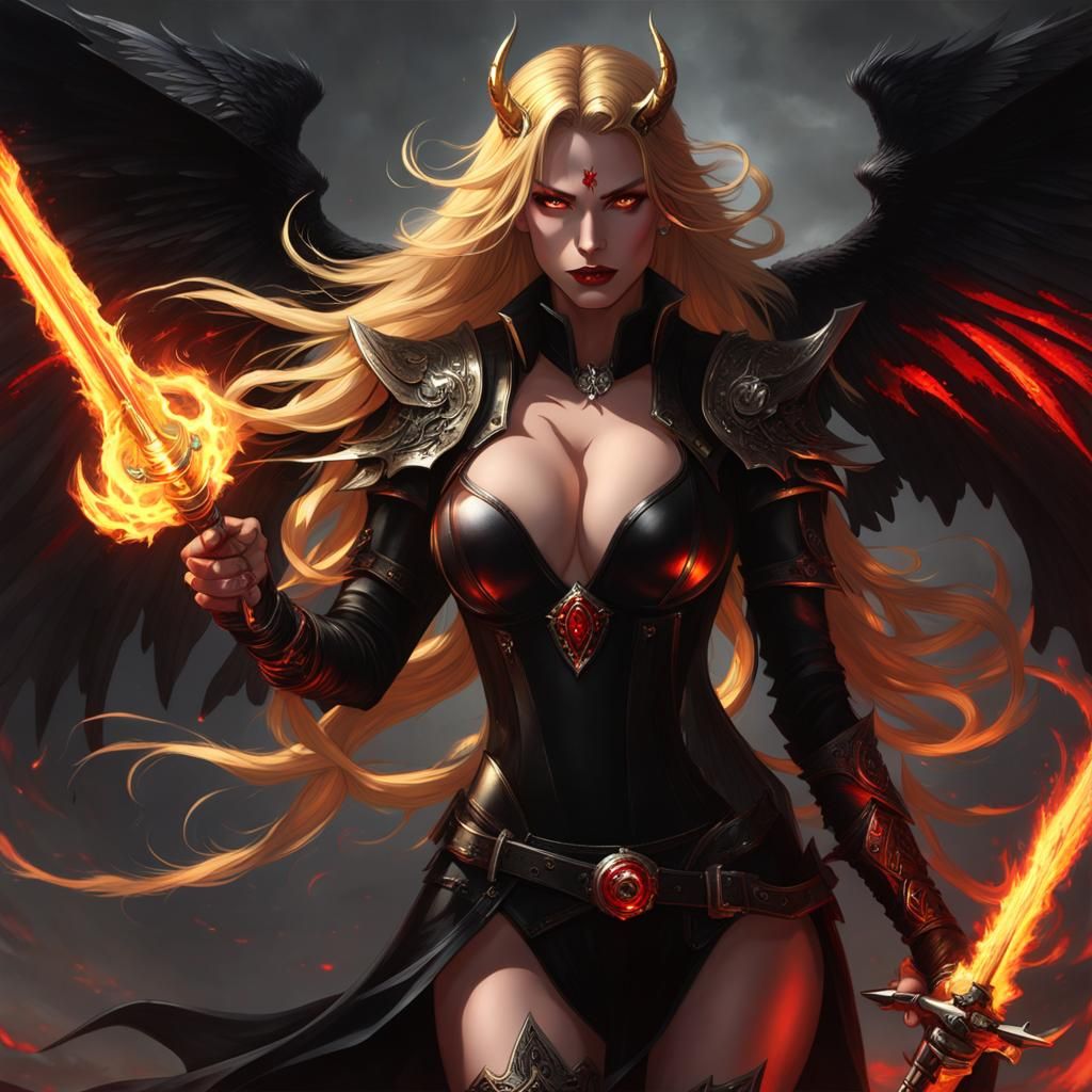 Demon Warrior with Flaming Sword in Fantasy Art