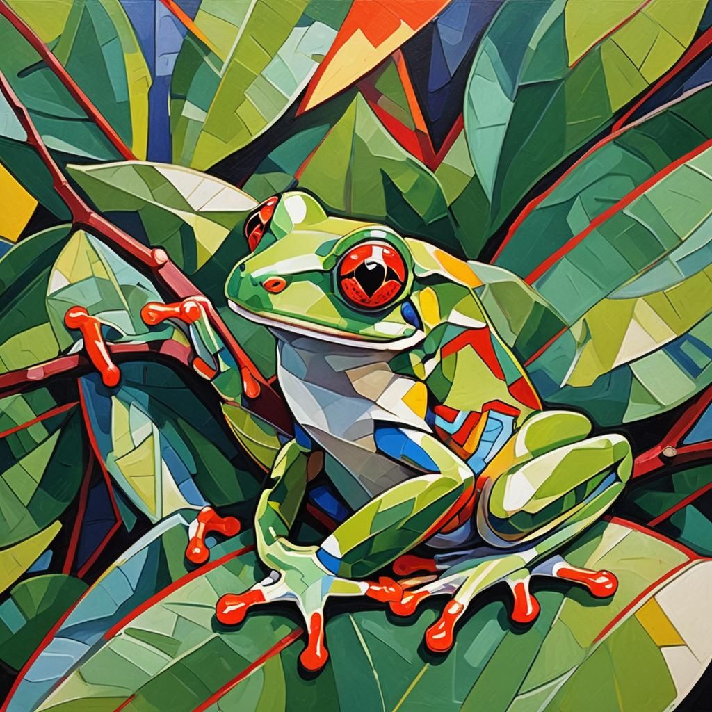 Red-Eyed Tree Frog in Cubist Geometric Fauvism