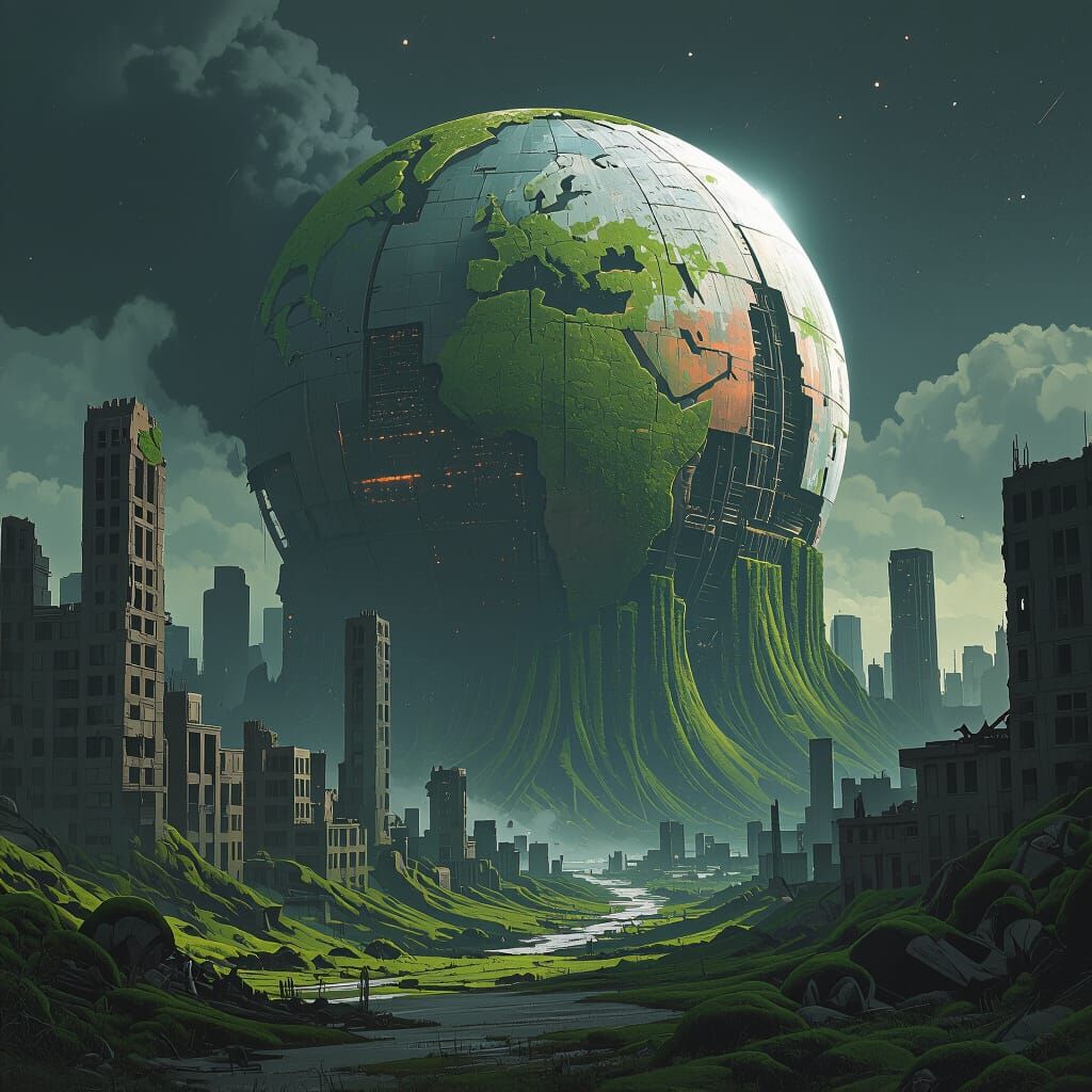 Devastated Planet with Crumbling Cities in Dystopian Style