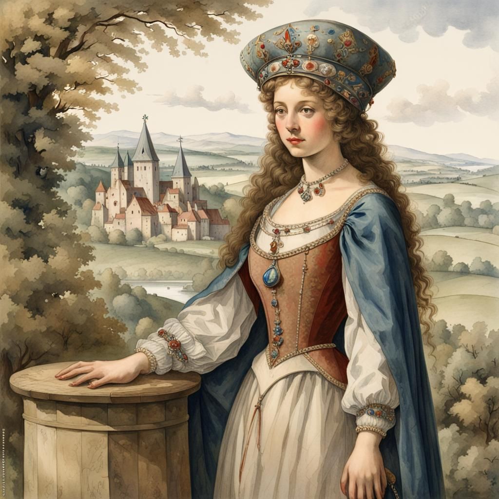 Medieval Woman in 12th Century Dress, Watercolor Style