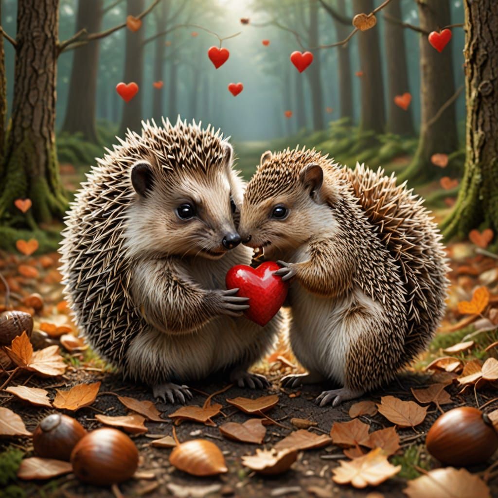 A hedgehog and a squirrel sharing an acorn shaped like a heart. "You're nuts about me, right? Be mine?"