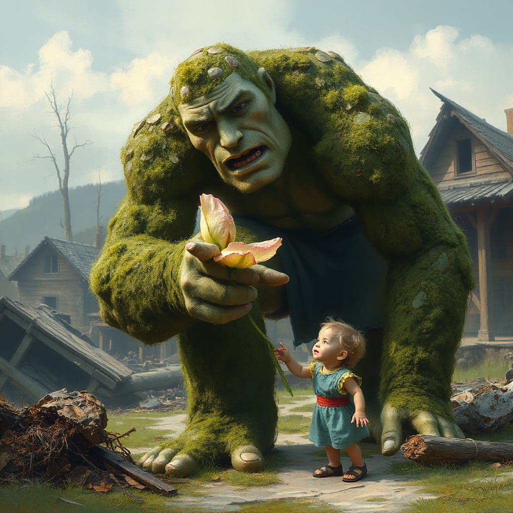 Gentle Giant Offers Flower to Child in War-Torn Village