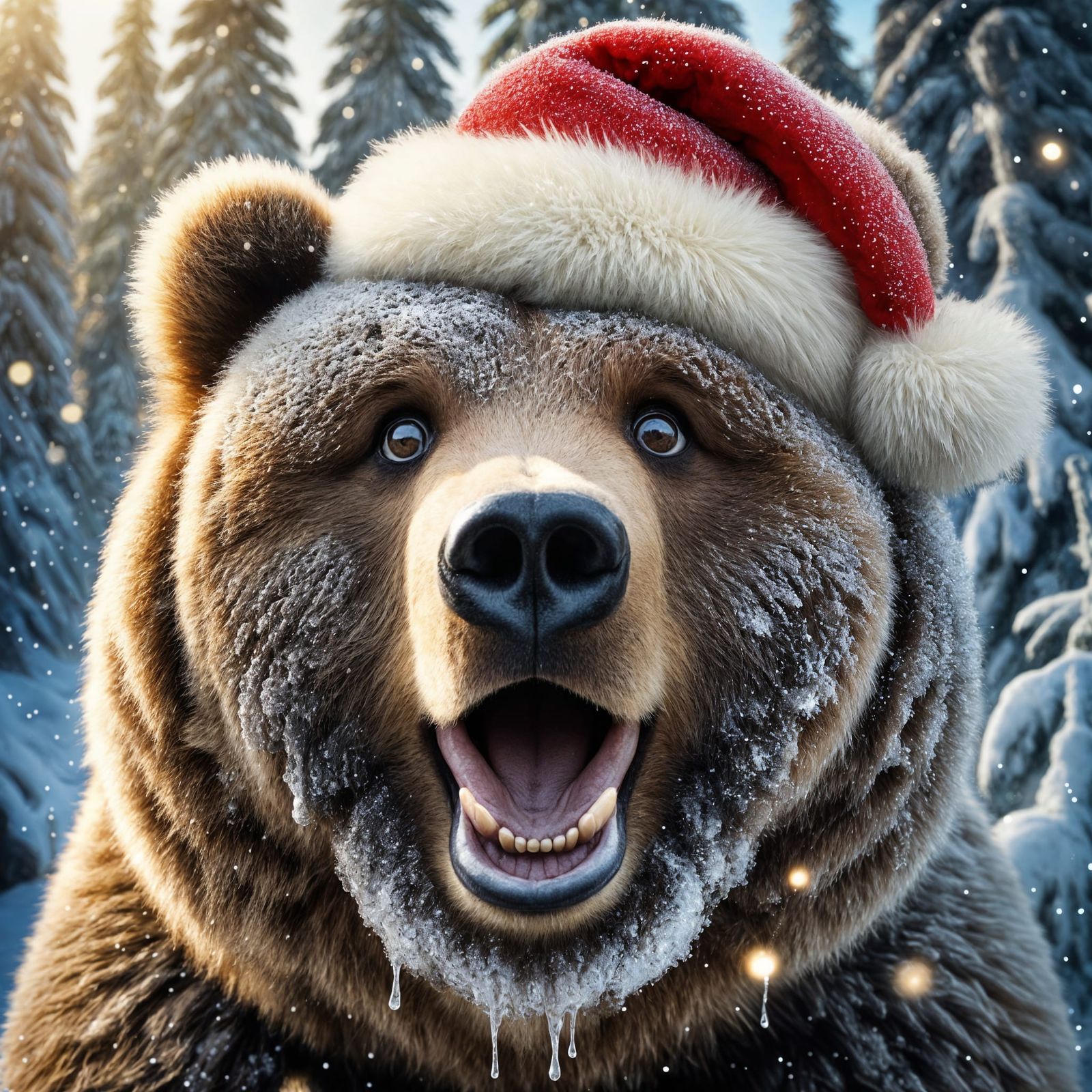 Surreal Bear Portrait in Whimsical Christmas Setting