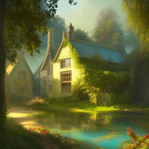 Victorian Village and Turquoise River, Gothic Fantasy Art