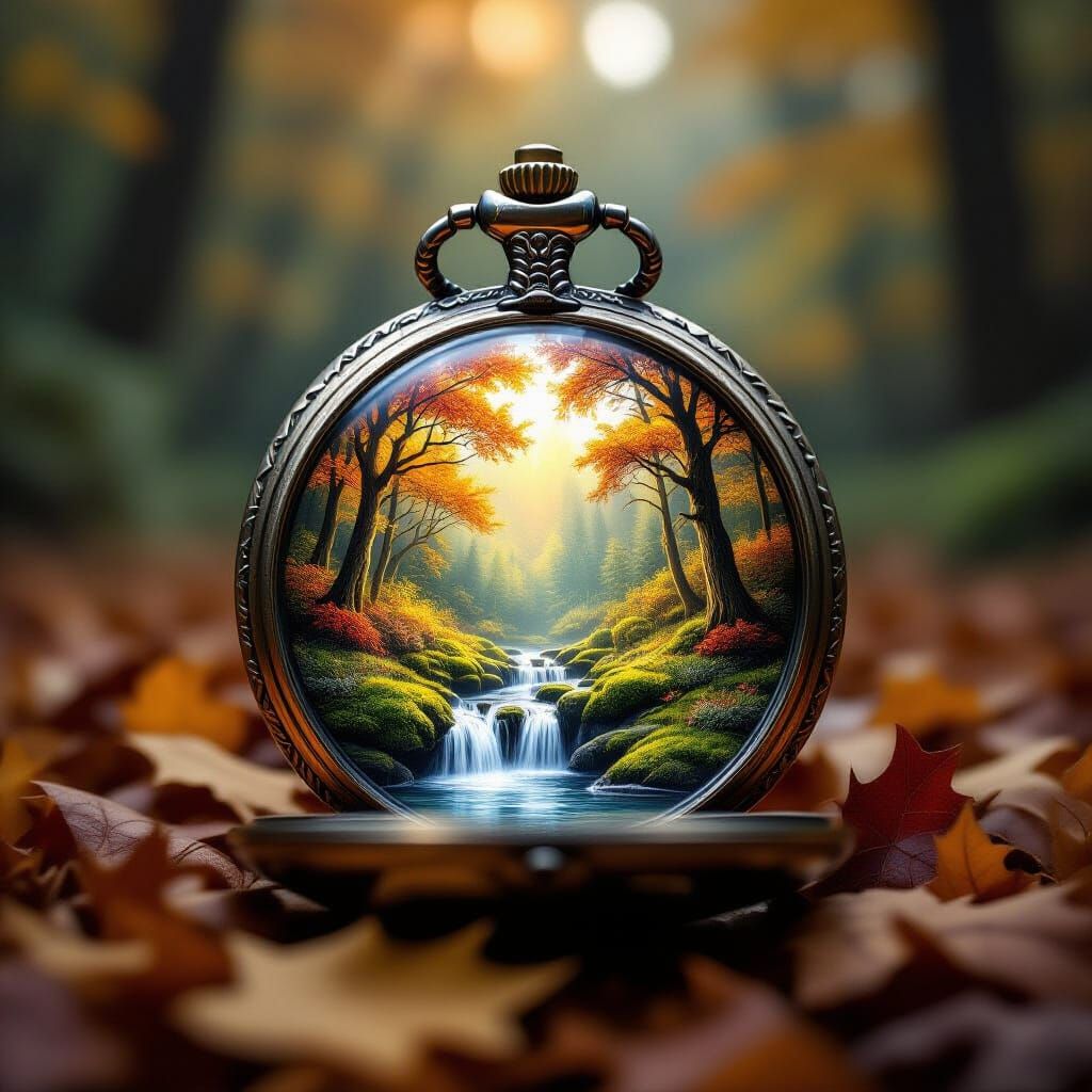 Miniature Forest Inside Pocket Watch on Autumn Leaves