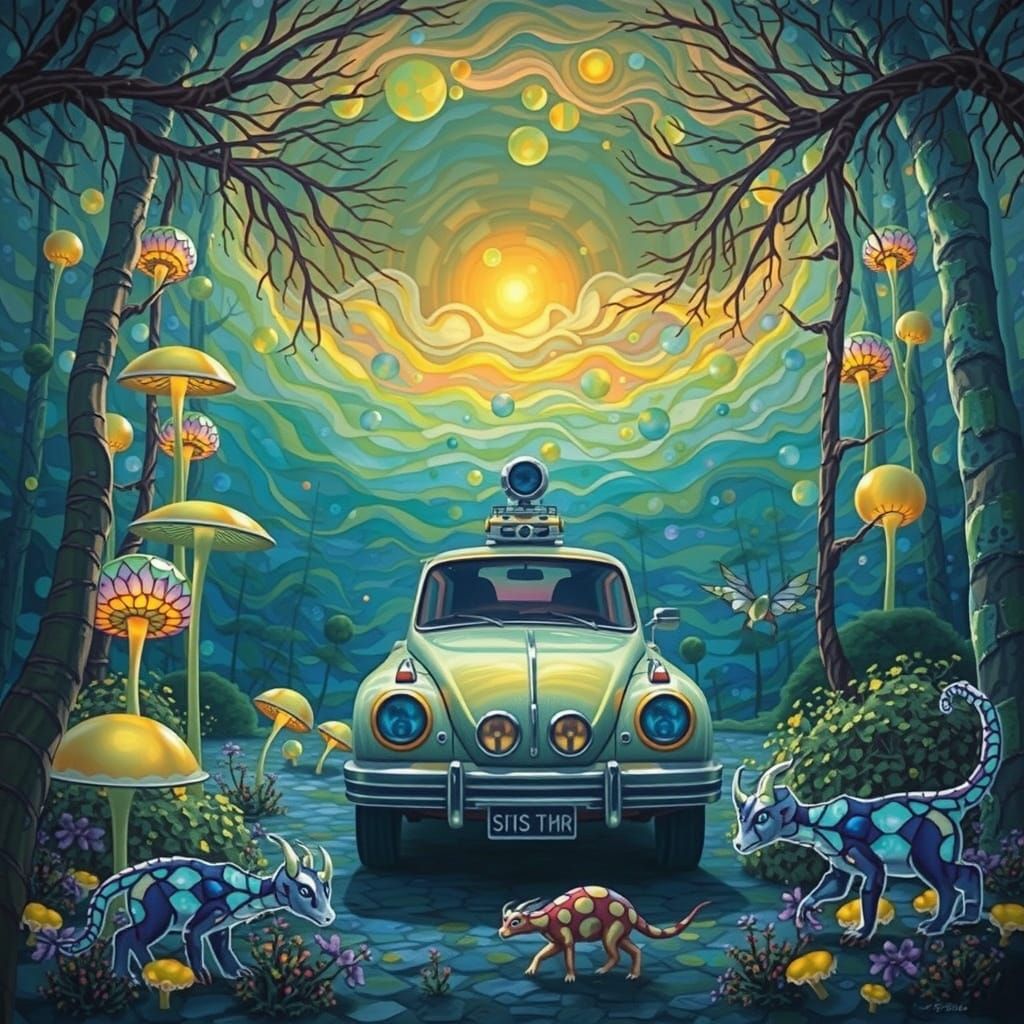 Stained Glass Forest Glade with Nebulae Sky