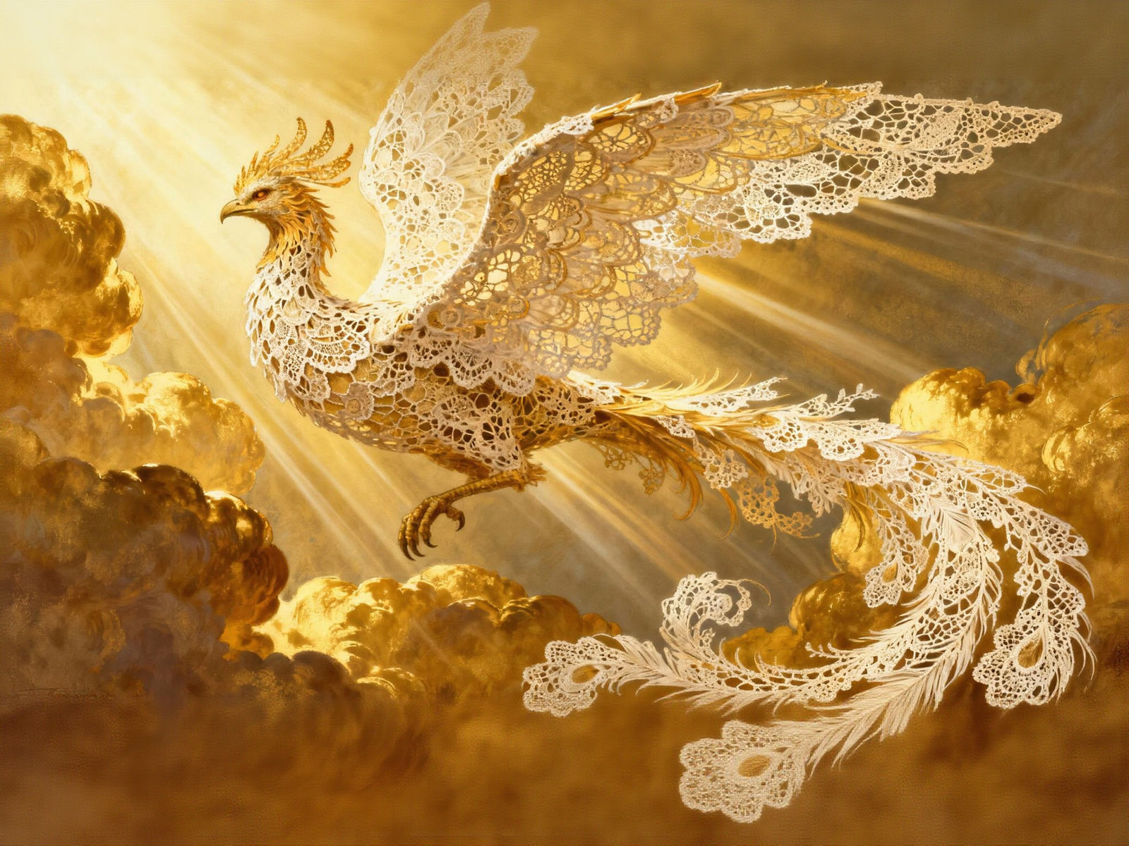 Lace Phoenix Amidst Golden Clouds and Light