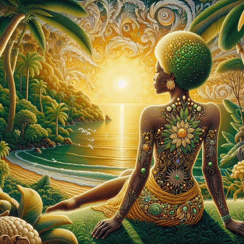 Diamond Woman in Tropical Jungle Sunrise