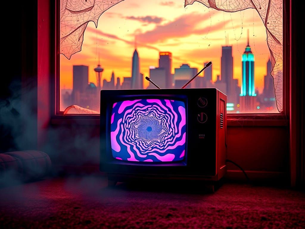 Vintage TV Broadcasting Psychedelic Patterns in Retro Style