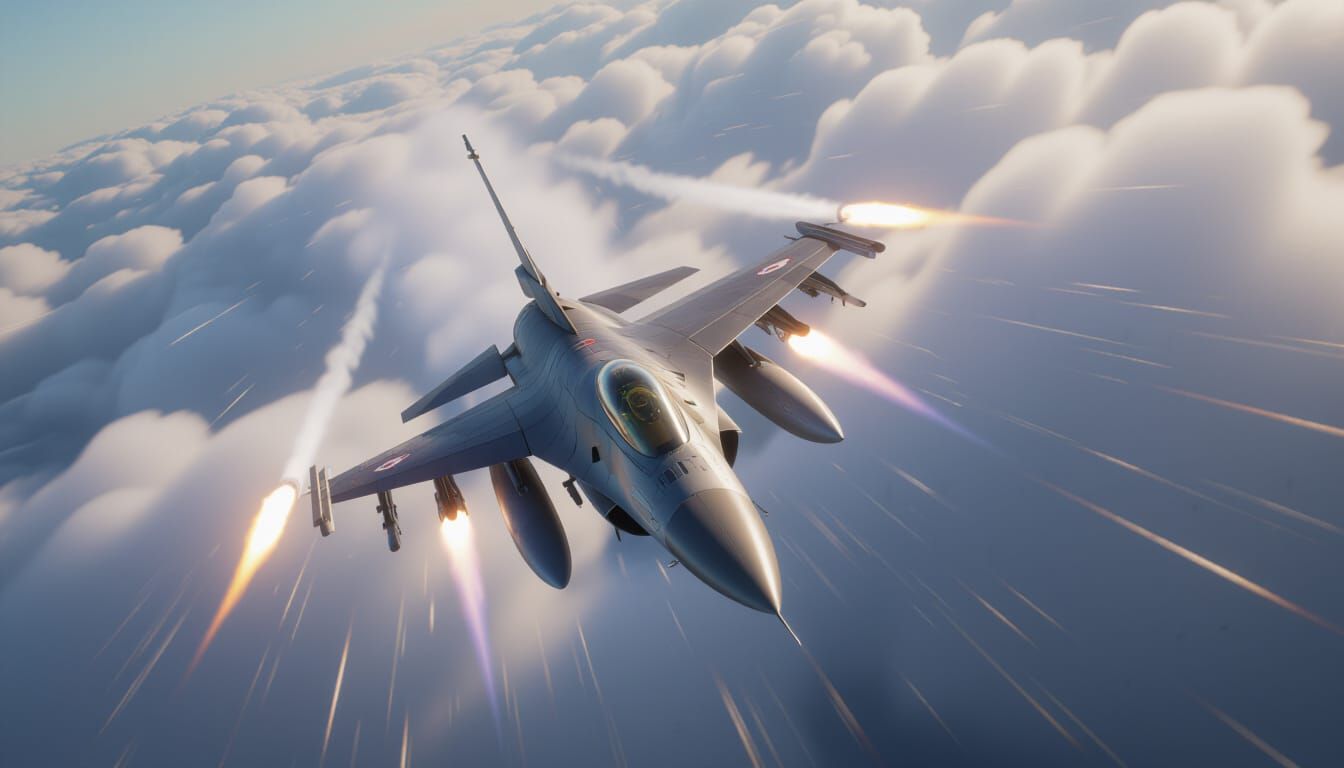 F-16 Fighter Jet Breaks Clouds in Dynamic Flight