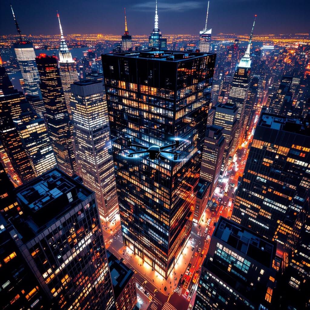 Manhattan Nightscape: Drone View of Sparkling Skyscrapers