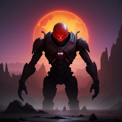 Crimson Alien on Desolate Planet Sci-Fi Illustration