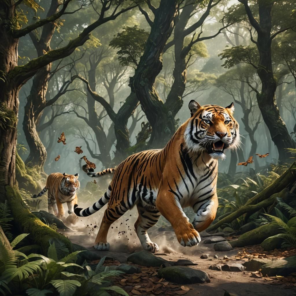 Tigers Running in Woods: Detailed Matte Painting