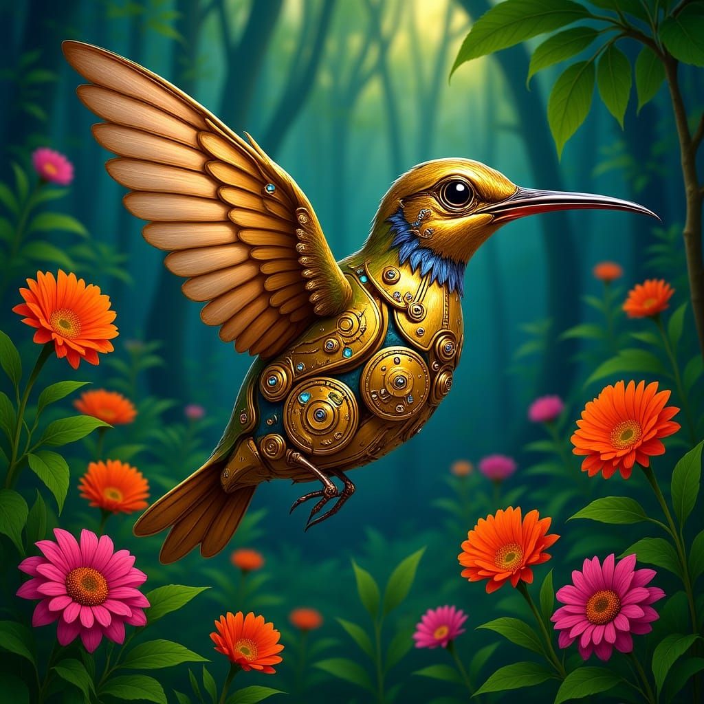 Clockwork Hummingbird in Art Nouveau Steampunk Jungle