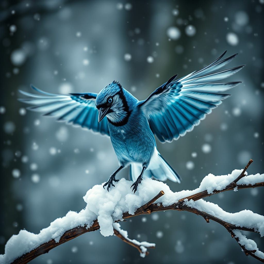 Vibrant Bluejay Descends onto Snow-Laden Branch in Cinematic...