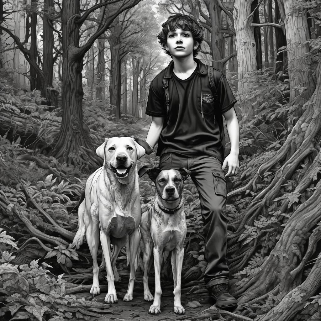 Boy and Dog Lost in Woods: Burton-esque Line Art