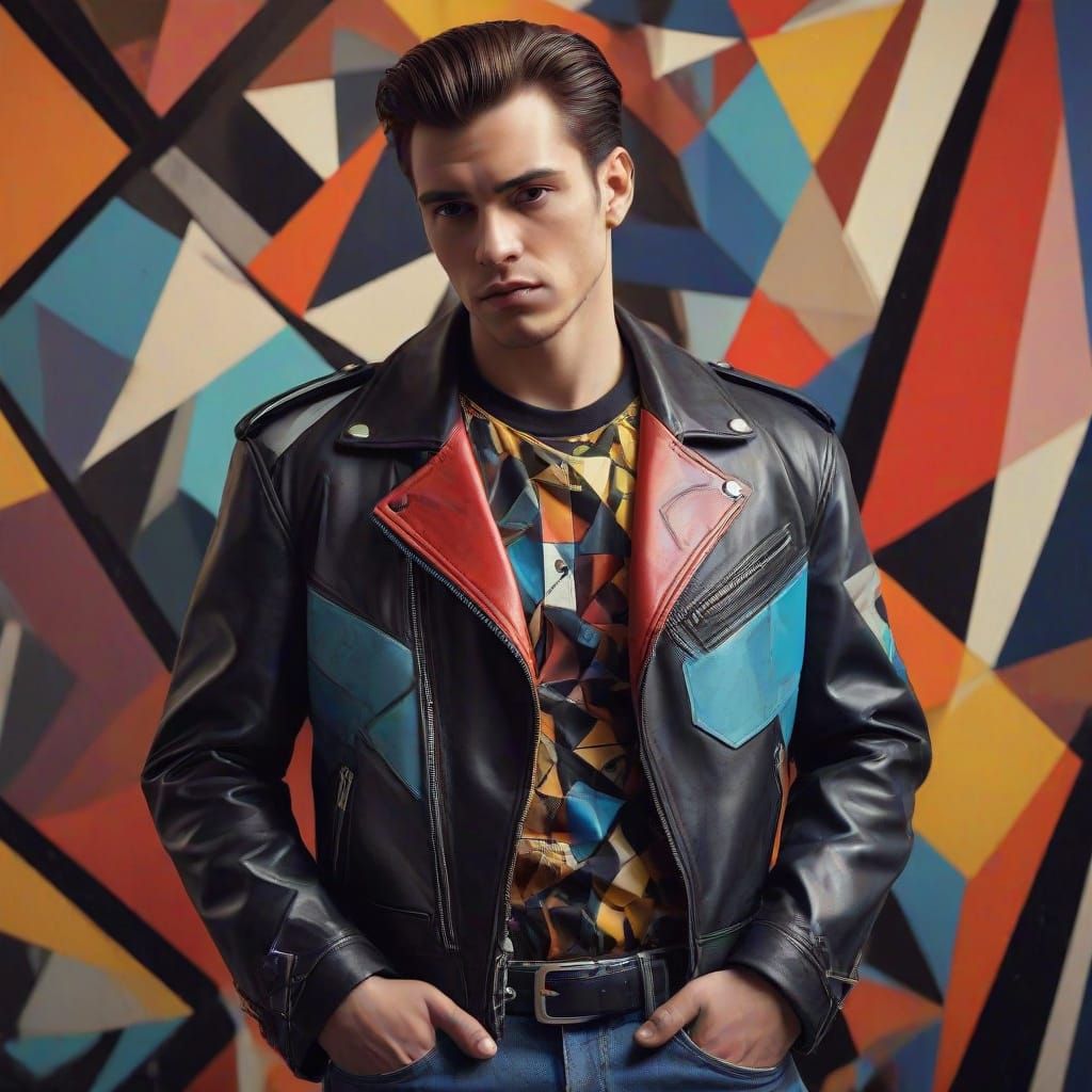 Cubist Greaser Portrait with Geometric Patterns