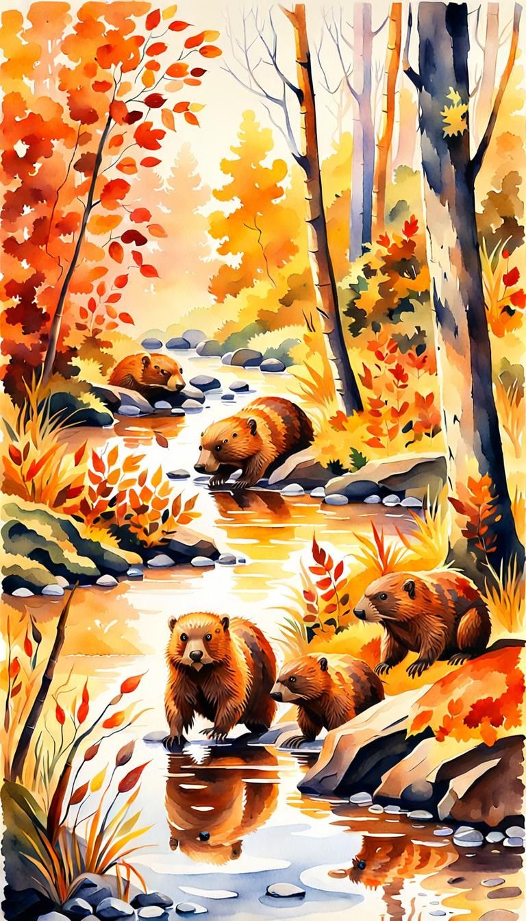 Beaver Family in Amazon, Impressionist Watercolor Painting