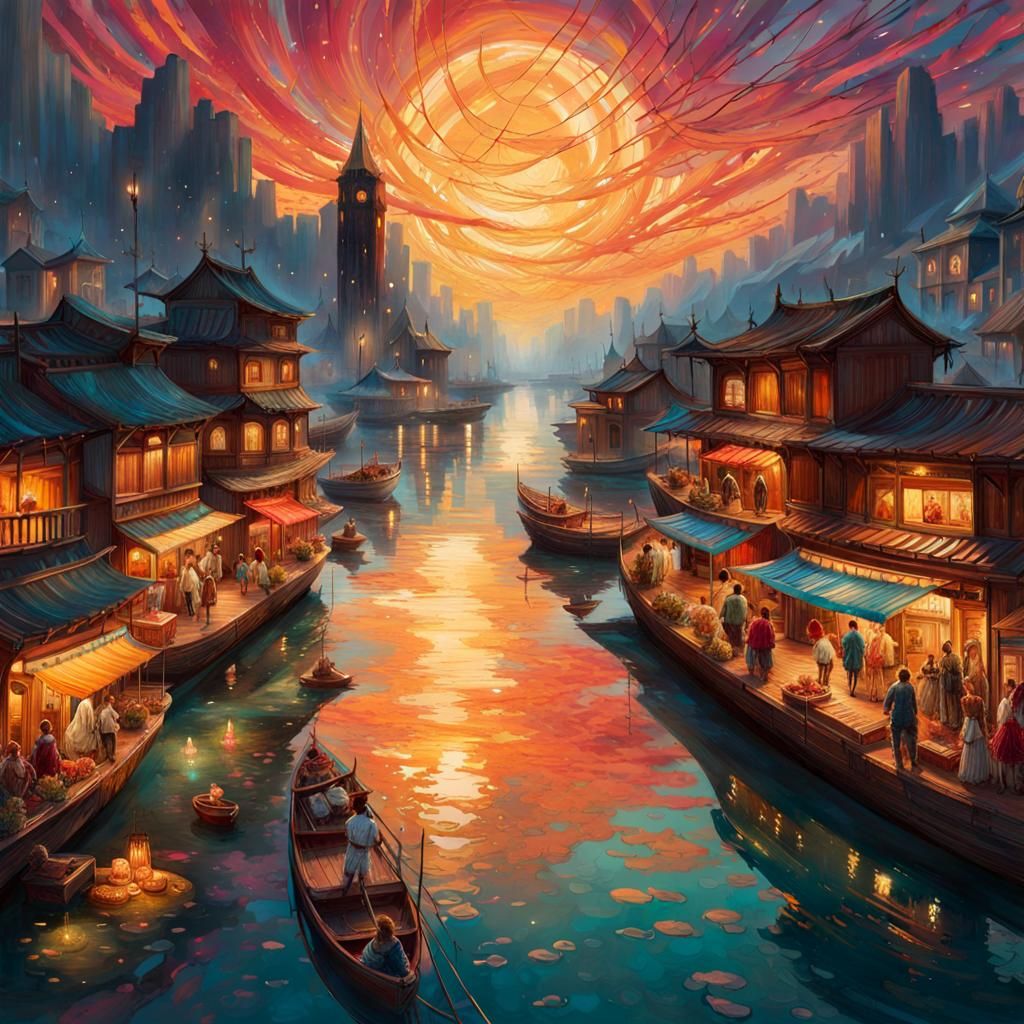 Exotic River Market on New Planet, Watercolor Art