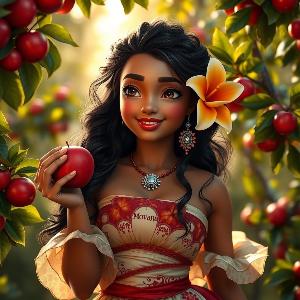 Moana in Orchard, Hyperrealistic Fantasy Art