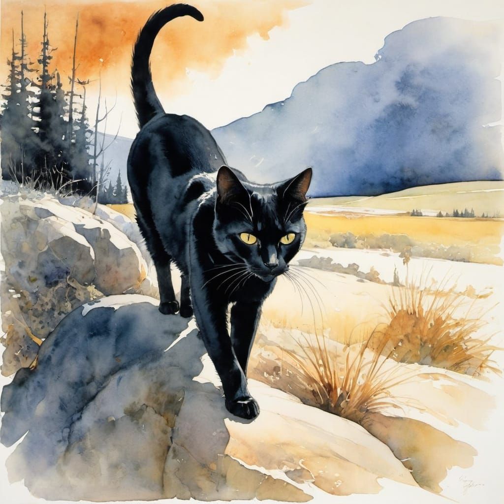 Ethereal Black Feline in a Moebius Landscape